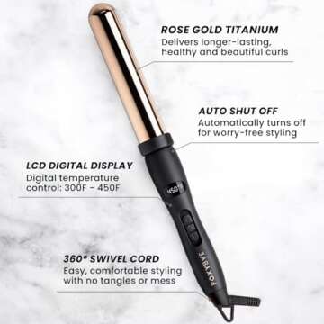 FoxyBae Wanderlux 32mm Curling Wand - Professional Rose Gold Titanium Hair Curling Iron with Temperature Control - Auto Shut Off & LCD Display