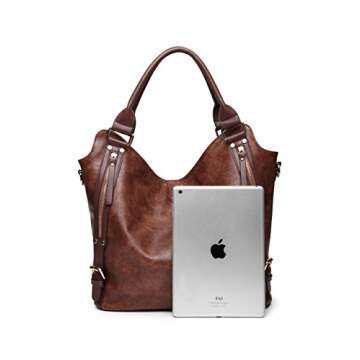 Women Tote Bag Handbags PU Leather Fashion Hobo Shoulder Bags with Adjustable Shoulder Strap, L, Bro...