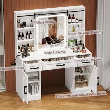 Farmhouse Makeup Vanity Desk with Mirror & Storage