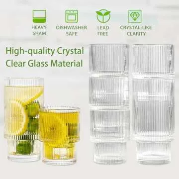 megarte Ribbed Glasses Drinking Glassware - Set of 12 Vintage Cute Cocktail Cups - 6 Pcs Ripple Rluted Aesthetic Drinkware 16 oz & 6 Pcs House Essentials Glass 6 oz for Drink Coffee Beer