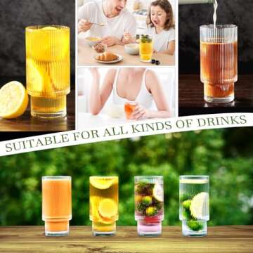 megarte Ribbed Glasses Drinking Glassware - Set of 12 Vintage Cute Cocktail Cups - 6 Pcs Ripple Rluted Aesthetic Drinkware 16 oz & 6 Pcs House Essentials Glass 6 oz for Drink Coffee Beer