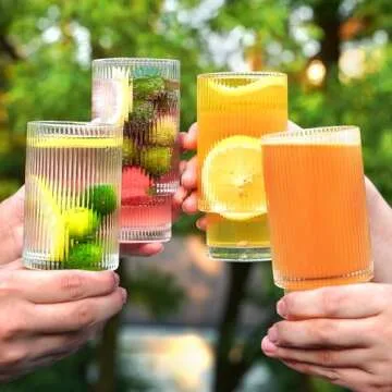 megarte Ribbed Glasses Drinking Glassware - Set of 12 Vintage Cute Cocktail Cups - 6 Pcs Ripple Rluted Aesthetic Drinkware 16 oz & 6 Pcs House Essentials Glass 6 oz for Drink Coffee Beer