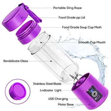 Portable Blender, MIAOKE Personal Mini Juice Blender, USB Rchargeable Juicer Cup with Six Blades in ...