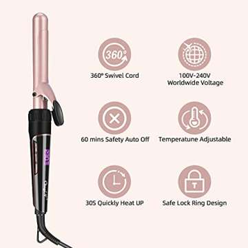CkeyiN Curling Iron Set 5 in 1 Curling Wand 30s Instant Heat Up Hair Curler with Interchangeable Ceramic Barrel (0.35" to 1.25") Dual Voltage Temperature Adjustment Include Glove and 2 Hair Clips