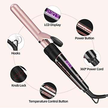 CkeyiN Curling Iron Set 5 in 1 Curling Wand 30s Instant Heat Up Hair Curler with Interchangeable Ceramic Barrel (0.35" to 1.25") Dual Voltage Temperature Adjustment Include Glove and 2 Hair Clips