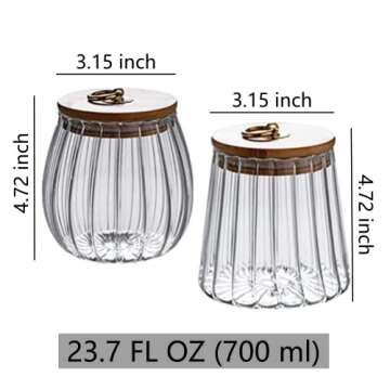 ANSQU Set of 2 Glass Jars Set Canister Airtight Storage Jar Petal Decorative Container with Bamboo Lid Metal Handle Easy to Grasp for Coffee Nuts Tea 700ml, 23.7 FL OZ