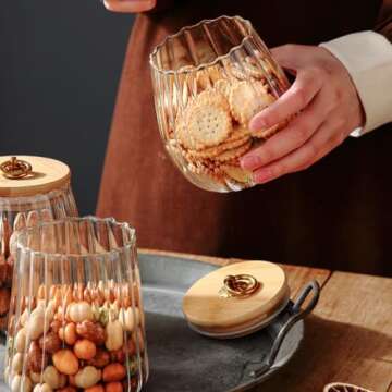 ANSQU Set of 2 Glass Jars Set Canister Airtight Storage Jar Petal Decorative Container with Bamboo Lid Metal Handle Easy to Grasp for Coffee Nuts Tea 700ml, 23.7 FL OZ