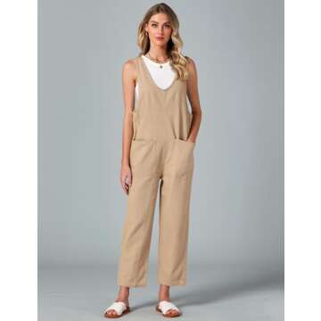 luvamia Jean Overalls for Women Sleeveless Denim Jumpsuit Casual Baggy Overall Jumpsuits Loose Fit Jumpers With Pockets Khaki Jumpsuit for Women Jean Overalls Women Khaki Size Large Size 12 Size 14