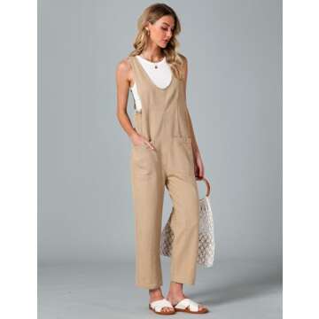 luvamia Jean Overalls for Women Sleeveless Denim Jumpsuit Casual Baggy Overall Jumpsuits Loose Fit Jumpers With Pockets Khaki Jumpsuit for Women Jean Overalls Women Khaki Size Large Size 12 Size 14