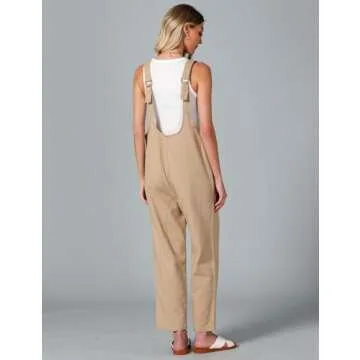 luvamia Jean Overalls for Women Sleeveless Denim Jumpsuit Casual Baggy Overall Jumpsuits Loose Fit Jumpers With Pockets Khaki Jumpsuit for Women Jean Overalls Women Khaki Size Large Size 12 Size 14