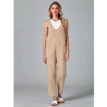 luvamia Jean Overalls for Women Sleeveless Denim Jumpsuit Casual Baggy Overall Jumpsuits Loose Fit Jumpers With Pockets Khaki Jumpsuit for Women Jean Overalls Women Khaki Size Large Size 12 Size 14