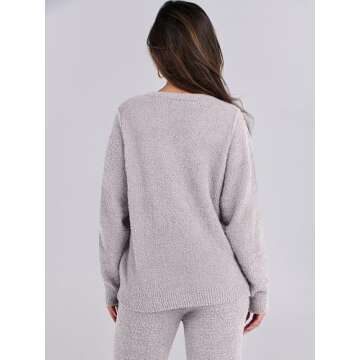 ANRABESS Women's Fuzzy Fleece Pajama Sets 2 Piece Outfits Long Sleeve Top Wide Leg Pants Lounge Matching Set 2024 Fall Winter Light Grey Small