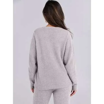 ANRABESS Women's Fuzzy Fleece Pajama Sets 2 Piece Outfits Long Sleeve Top Wide Leg Pants Lounge Matching Set 2024 Fall Winter Light Grey Small