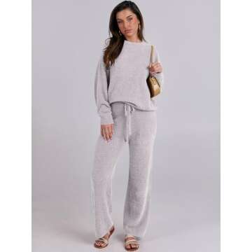 ANRABESS Women's Fuzzy Fleece Pajama Sets 2 Piece Outfits Long Sleeve Top Wide Leg Pants Lounge Matching Set 2024 Fall Winter Light Grey Small