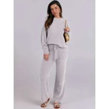 ANRABESS Women's Fuzzy Fleece Pajama Sets 2 Piece Outfits Long Sleeve Top Wide Leg Pants Lounge Matching Set 2024 Fall Winter Light Grey Small