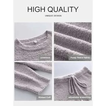 ANRABESS Women's Fuzzy Fleece Pajama Sets 2 Piece Outfits Long Sleeve Top Wide Leg Pants Lounge Matching Set 2024 Fall Winter Light Grey Small