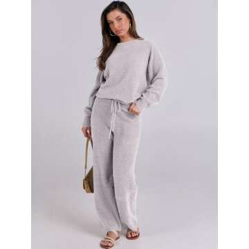 ANRABESS Women's Fuzzy Fleece Pajama Sets 2 Piece Outfits Long Sleeve Top Wide Leg Pants Lounge Matching Set 2024 Fall Winter Light Grey Small