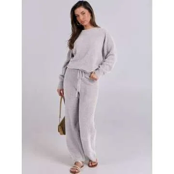 ANRABESS Women's Fuzzy Fleece Pajama Sets 2 Piece Outfits Long Sleeve Top Wide Leg Pants Lounge Matching Set 2024 Fall Winter Light Grey Small