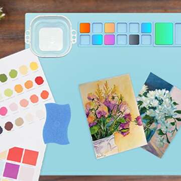 Dlhbafuya Silicone Craft Mat,Silicone Painting Mat,Silicone Painting Craft Mat with Foldable Cleaning Cup and Pen Holder Silicone Painting Mat Craft Mat for DIY Projects(Blue)