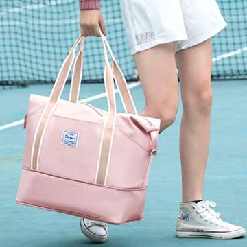 Travel Duffel Bag,Large Sports Tote Gym Bag,Waterproof Weekender Carry On Overnight Bags for Women with Trolley Sleeve,Expandable luggage Bag,Pink