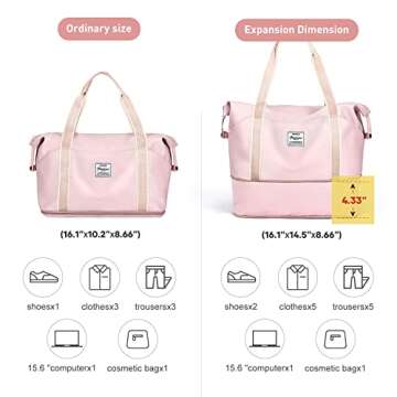 Travel Duffel Bag,Large Sports Tote Gym Bag,Waterproof Weekender Carry On Overnight Bags for Women with Trolley Sleeve,Expandable luggage Bag,Pink