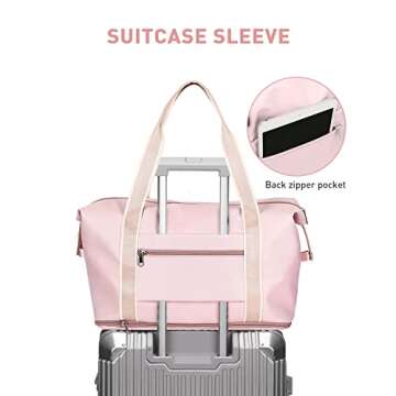 Travel Duffel Bag,Large Sports Tote Gym Bag,Waterproof Weekender Carry On Overnight Bags for Women with Trolley Sleeve,Expandable luggage Bag,Pink