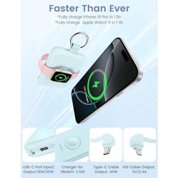 RORRY Portable Charger, 10000mAh PD 20W Fast Charging Portable Charger Power Bank with Built in Cables, Travel Battery Pack for iPhone 16/15/14/13/12 and Apple Watch Ultra/9/8/7/6/5/4/3/2, Blue