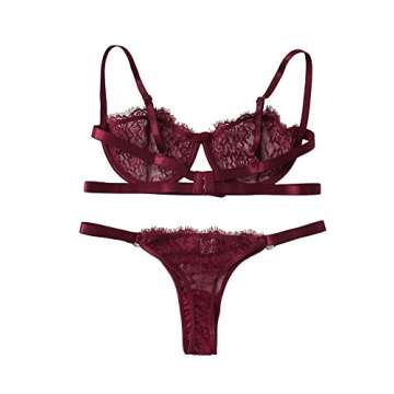 SheIn Women's 2 Piece Sexy Lace Strap Bralette Bra and Panty Lingerie Set Push Up Maroon Small