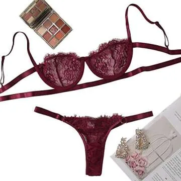 SheIn Women's 2 Piece Sexy Lace Strap Bralette Bra and Panty Lingerie Set Push Up Maroon Small