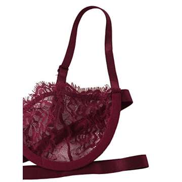 SheIn Women's 2 Piece Sexy Lace Strap Bralette Bra and Panty Lingerie Set Push Up Maroon Small