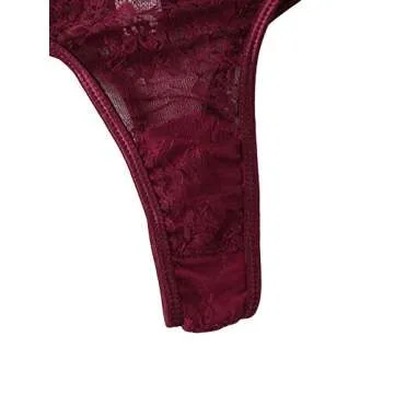 SheIn Women's 2 Piece Sexy Lace Strap Bralette Bra and Panty Lingerie Set Push Up Maroon Small