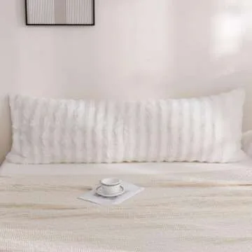 Chumerry Faux Fur Body Pillow Cover, Super Soft Fuzzy Plush Bedding Pillow Long Pillowcases 1 Pieces, Chic Striped Plaid Geometry Decorative White Body Pillowcase for Couch, Bed, 20 x 54 Inches