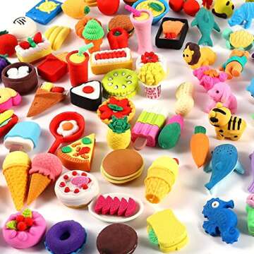 FiGoal 108 PCS Assorted Pencil Erasers with Storage Box 3D Puzzle Pencil Erasers Desk Pet Collectible Novelty Party Favors for Classroom Games Prizes Carnivals Valentine's Party Supplies