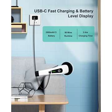 Topmako Electric Spin Scrubber, Cordless Cleaning Brush with 54" Adjustable Long Handle and 8 Replaceable Brush Heads, 2 Rotating Speed Shower Scrubber for Bathroom Tub, Floor, Tile, Kitchen, Car Wash