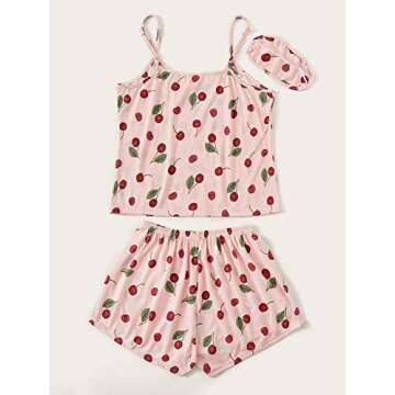 Cute Cherry Print Pajama Set with Eye Cover for Women