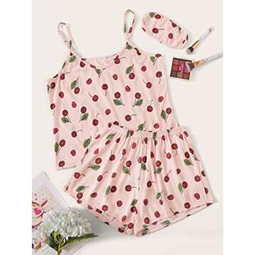 Cute Cherry Print Pajama Set with Eye Cover for Women