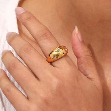 JASXEYO Stainless Steel 18K Gold Dome Set Colorful Zirconia Star Ring Gold Rings for Women gold rings that don't tarnish（8）