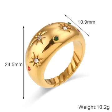 JASXEYO Stainless Steel 18K Gold Dome Set Colorful Zirconia Star Ring Gold Rings for Women gold rings that don't tarnish（8）
