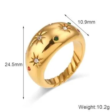 JASXEYO Star Ring Colorful Zirconia Stainless Steel Women's Ring