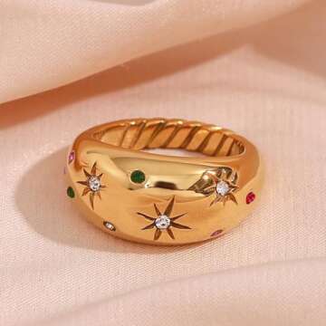 JASXEYO Stainless Steel 18K Gold Dome Set Colorful Zirconia Star Ring Gold Rings for Women gold rings that don't tarnish（8）