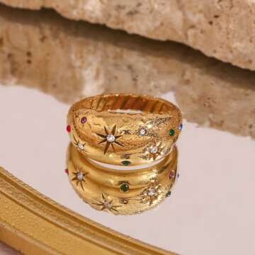 JASXEYO Stainless Steel 18K Gold Dome Set Colorful Zirconia Star Ring Gold Rings for Women gold rings that don't tarnish（8）