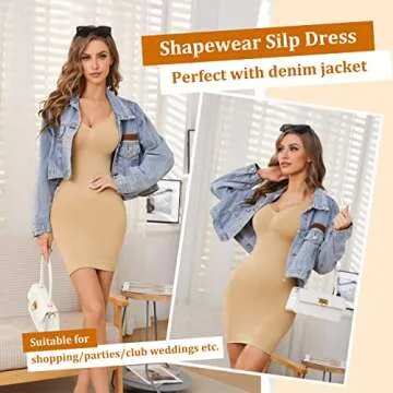 Betaven Shapewear Slip Dress for Women Tummy Control Camisole V-Neck Full Slip Under Dress Seamless Body Shaper,Beige,Small