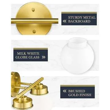 LMS Gold Bathroom Light Fixtures, 2 Light Globe Bathroom Vanity Light Fixtures with White Glass Shade, LMS-097
