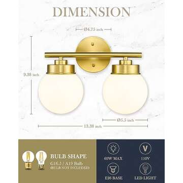 LMS Gold Bathroom Light Fixtures, 2 Light Globe Bathroom Vanity Light Fixtures with White Glass Shade, LMS-097