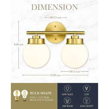 LMS Gold Bathroom Light Fixtures, 2 Light Globe Bathroom Vanity Light Fixtures with White Glass Shade, LMS-097
