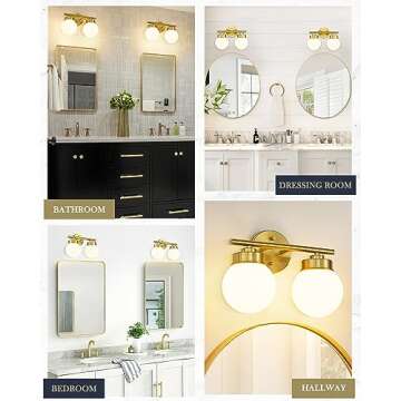 LMS Gold Bathroom Light Fixtures, 2 Light Globe Bathroom Vanity Light Fixtures with White Glass Shade, LMS-097