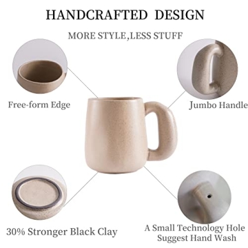 Uaral Large Coffee Mugs,Stoneware Pottery Coffee Mug Set with jumbo handle,Handmade mugs for Latte,Milk,Cocoa or Tea,20oz,Set of 2, (Assorted Color Cream&Gray)