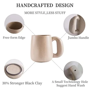 Uaral Large Coffee Mugs,Stoneware Pottery Coffee Mug Set with jumbo handle,Handmade mugs for Latte,Milk,Cocoa or Tea,20oz,Set of 2, (Assorted Color Cream&Gray)