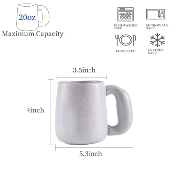 Uaral Large Coffee Mugs,Stoneware Pottery Coffee Mug Set with jumbo handle,Handmade mugs for Latte,Milk,Cocoa or Tea,20oz,Set of 2, (Assorted Color Cream&Gray)
