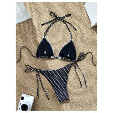 SHENHE Women's Triangle Ruffle Bikini Polka Dots Halter 2 Piece Swimsuit String Bikini Set Black and White Medium